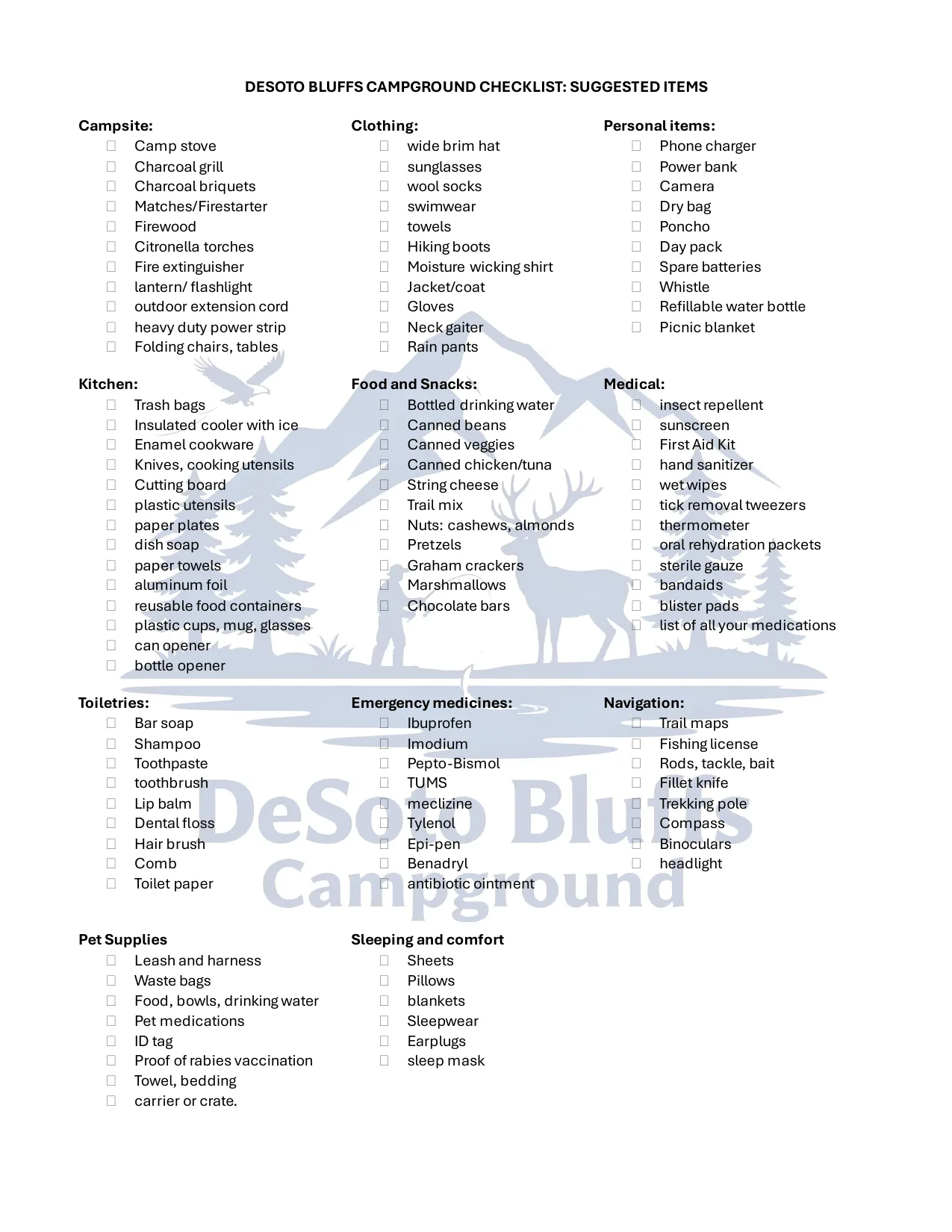 DeSoto Bluffs Campground Checklist: Suggested Items, page 1 of 1