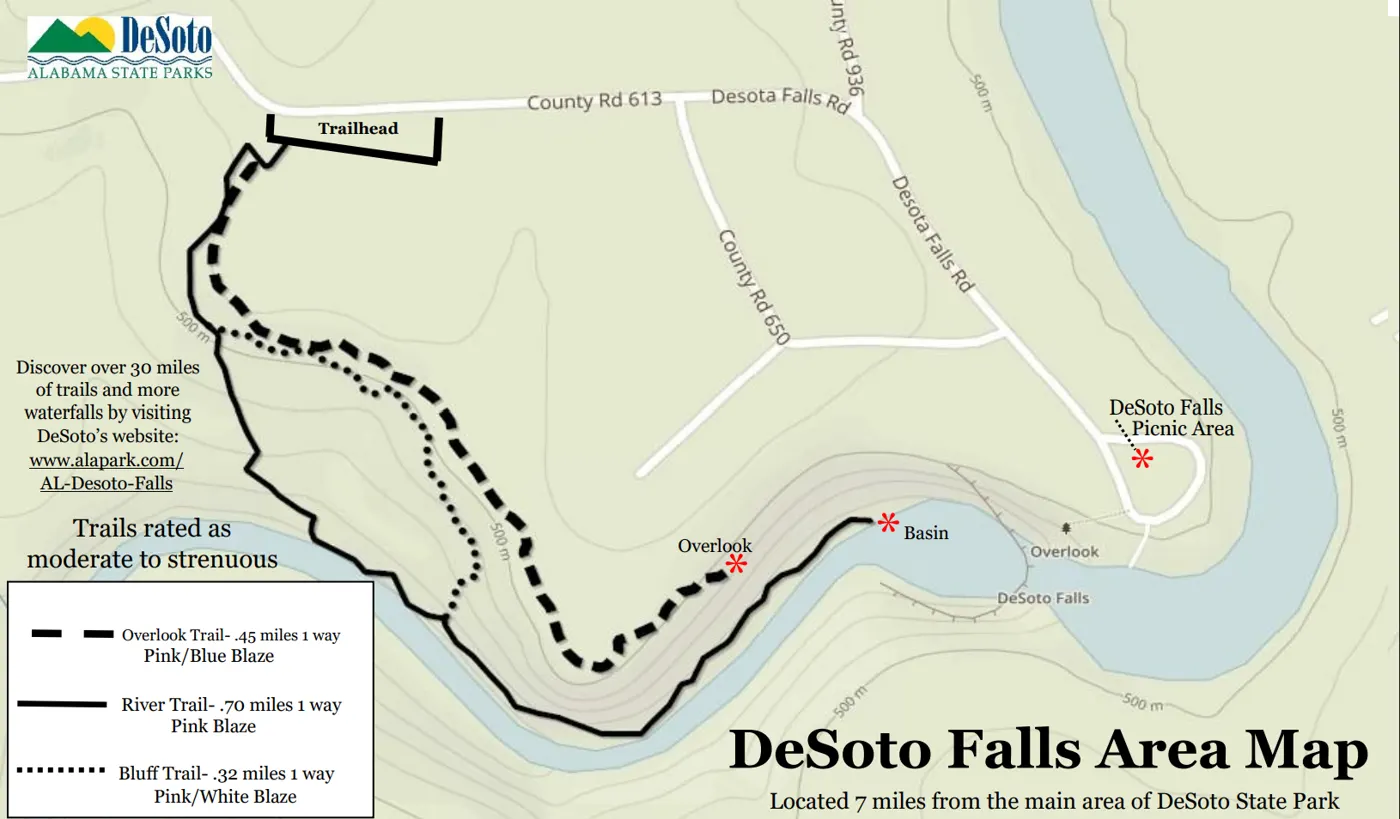DeSoto Falls area map with trails