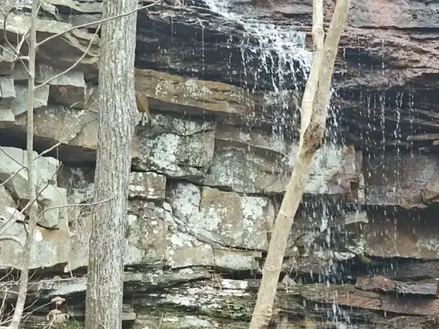 Water spilling over layered rock ledges in the woods