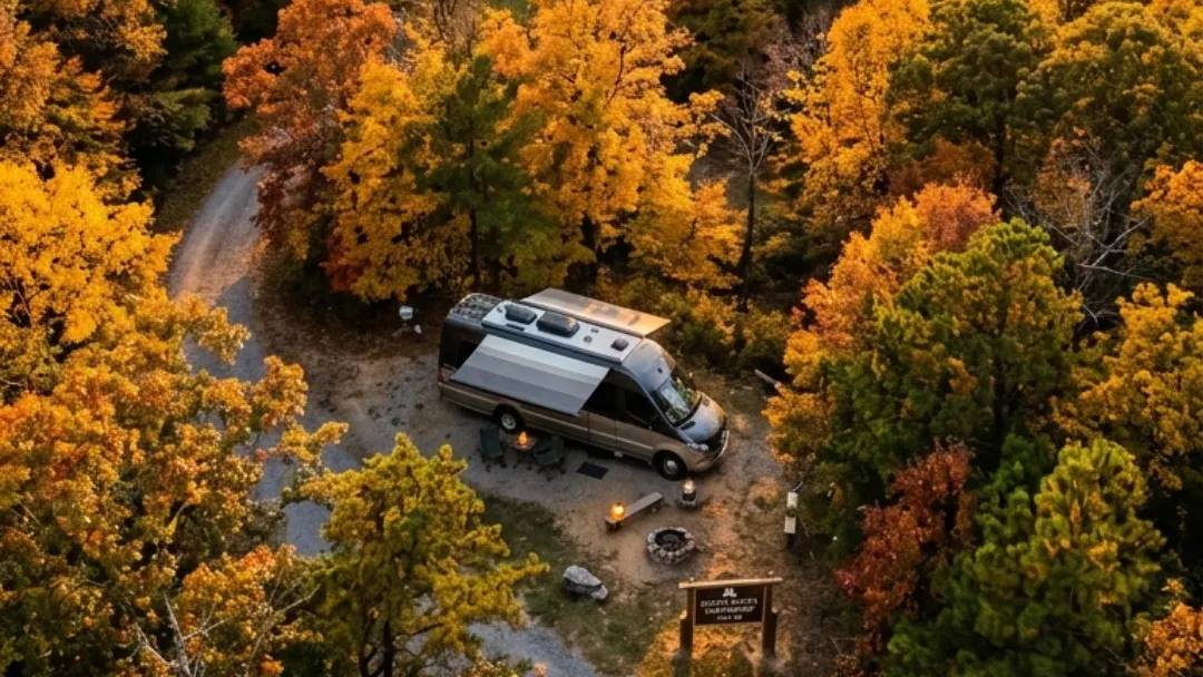 Aerial view of a camper van parked among bright fall color on a wooded mountain