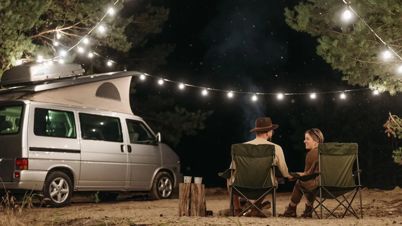A couple in camp chairs under string lights and a dark night sky