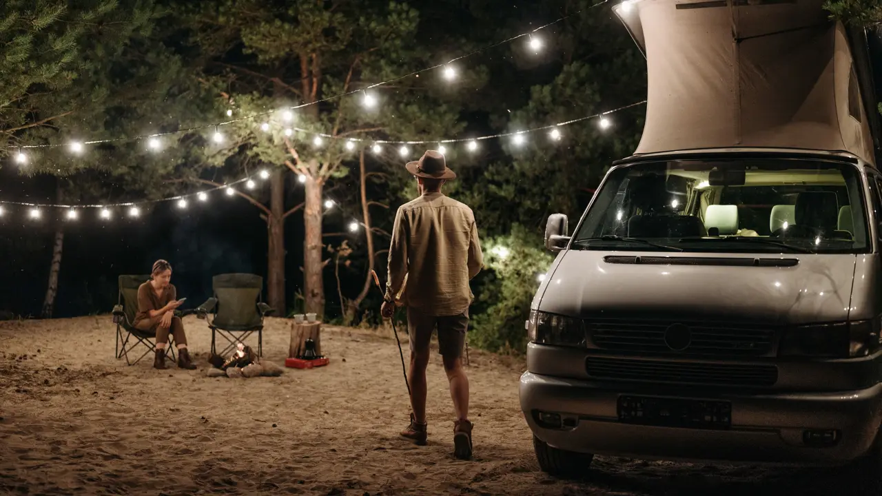 A camper van at night with string lights overhead and campers relaxing at their site