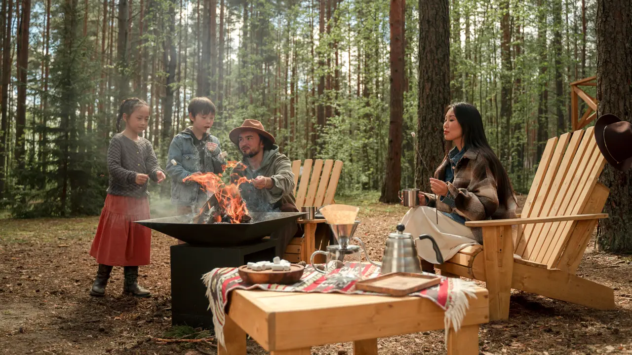A family toasting marshmallows over a metal fire pit in a pine forest